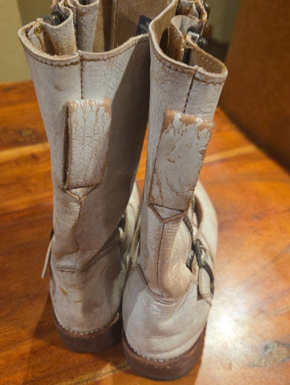 Bed Stu Cream Leather Heeled Mid-Calf Boots with Buckle Strap - Picture 4 of 7